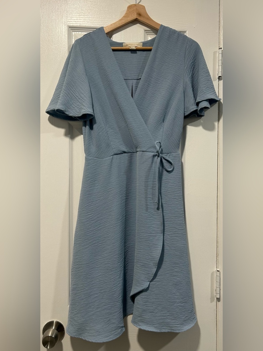 Monteau Dusty Blue Wrap Midi Dress with Flutter Sleeves